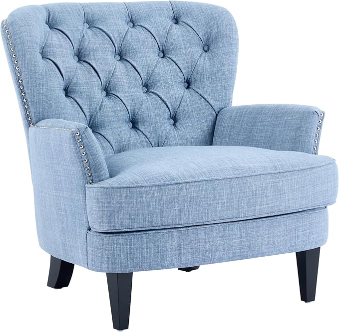 Ball & Cast Accent Chair,Mid-Century Lounge Living Room Chairs with Button Tufting,Upholstered Reading Accent Chair W/Solid Wood Legs and Curved Backrest,for Bedroom,Apartment,Light Blue