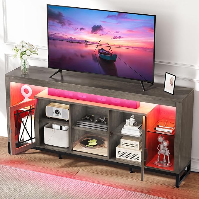 YITAHOME 33.5'' Tall TV Stand for 75 inch TV, LED Entertainment Center with Storage, Grey TV Stands for Living Room with Acrylic Doors & Power Outlets, Tall TV Console Cabinet, Grey