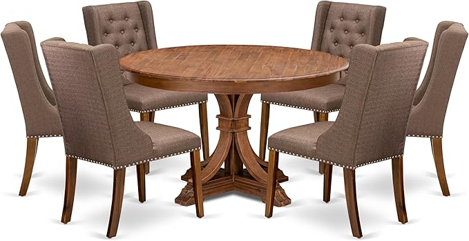 F7FO7-50N-18 - 7-Piece Dining Room Set Contains A Kitchen Table and 6 Brown Polyester Fabric Parsons Chairs with Button Tufted Back, Antique Walnut