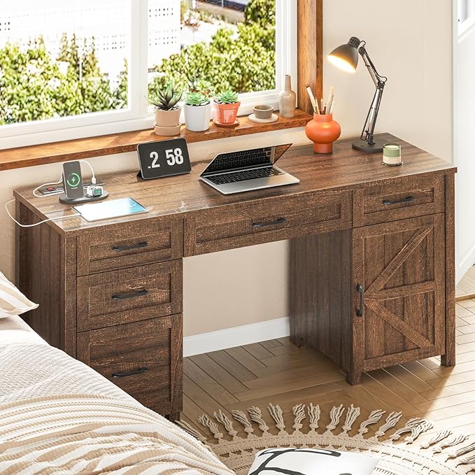 Farmhouse 61'' Executive Desk with 5 Drawers, Rustic Office Desk Computer Desk with Charging Station, File Drawers and Storage Cabinet, Wood Workstation for Study and Home Office, Red-Brown.
