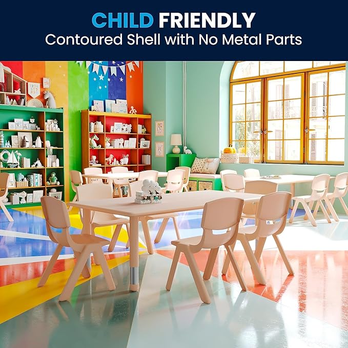 Flash Furniture Emmy Adjustable Classroom Activity Table with 6 Stackable Chairs, Plastic Activity Table for Kids, 23.625" W x 47.25" L, Natural
