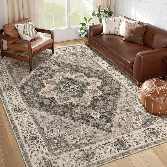 Tangsoo 6x9 Area Rug Washable Rug for Living Room, Vintage Indoor Non Slip Large Area Rugs, Print Distressed Brown Carpet, Soft Low Pile Foldable Floor Rug for Bedroom Dining Room