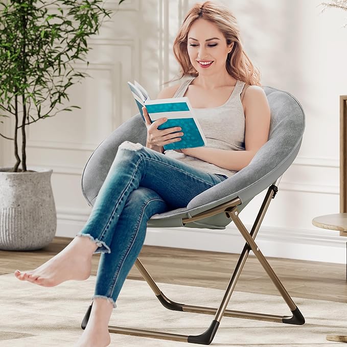 Comfy Saucer Chairs, Gray Folding Reading Lounge Chair, Cozy Faux Fur Living Room Chair with Soft Thick Padded Seat & Metal Frame, Modern Style Bedroom Home for Kids Adults, X-Large, Gold Legs