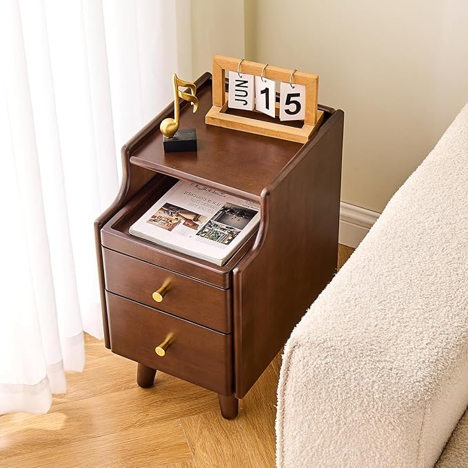 Uniclinens Narrow Nightstand with Drawers, Small Slim Solid Wood Bedside Table for Bedroom, Modern End/Side for Living Room, Walnut