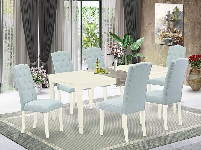 East West Furniture DOCE7-LWH-15 7 Piece Kitchen Table & Chairs Set Consist of a Rectangle Butterfly Leaf Dining Table and 6 Baby Blue Linen Fabric Parson Chairs, 42x78 Inch, Linen White