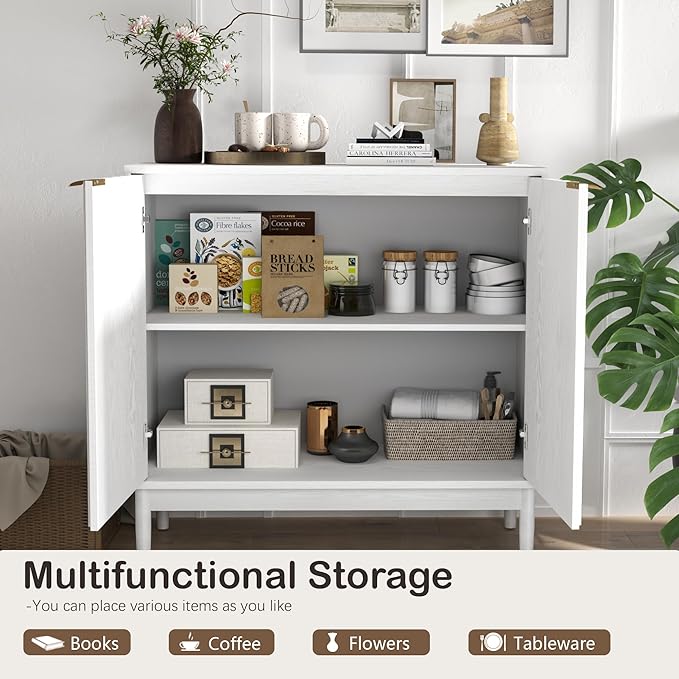 Fluted Cabinet with Storage, Buffet Cabinet Sideborad with Door, Kitchen Buffet Storage Accent Cabinets with Adjustable Shelves for Living Room, Entry, Hallway, White