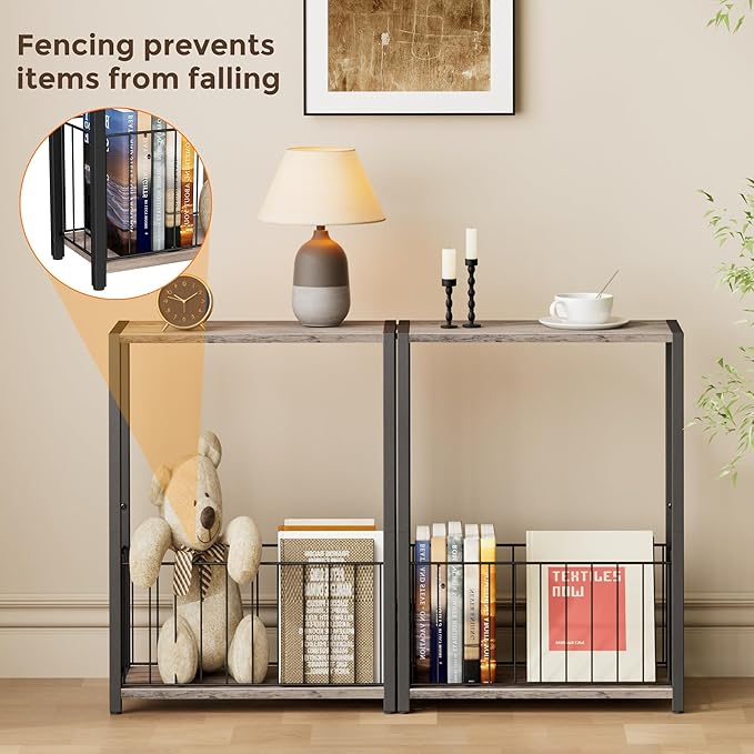 Narrow Side Table with Magazine Holder, Skinny End Table Perfect for Small Spaces, Space-Saving Design for Living Room, Bedroom, or Office, 7.1" D x 16.9" W x 23.6" H, Greige