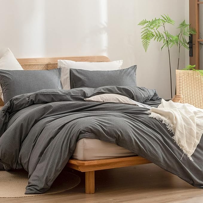 BESTOUCH Duvet Cover Set 100% Washed Cotton Linen Feel Super Soft Comfortable Chic Lightweight 3 PCs Home Bedding Set Solid Dark Grey Oversized Queen
