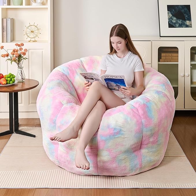 Giant Bean Bag Chair, Faux Fur Adult Chair with Petal Armrest Oversize Colorful Chair for Bedroom, Living Room, Dorm, Game - Rainbow, X-Large, High Support