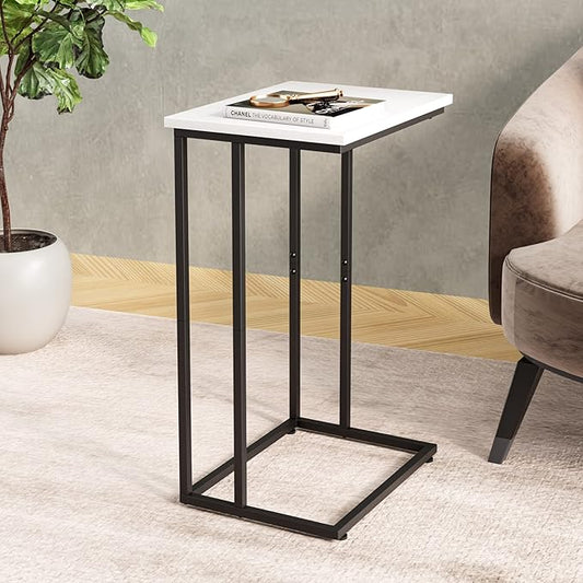Innerjoin Wide C Side Table,C Couch Laptop Table with Metal Frames, Small Snack End for Sofa and Bed, Retro Table, Living Room Bedroom, Industrial Style, White