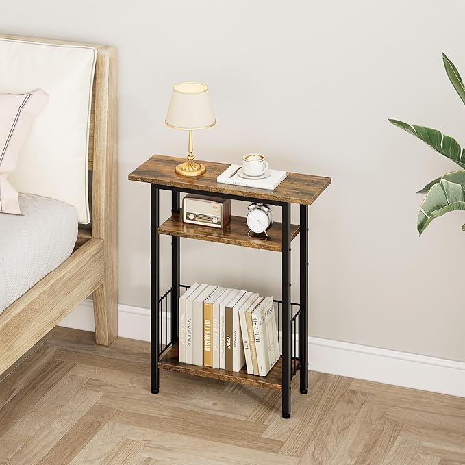 Vagusicc Narrow Side Table, 3-Tier Skinny End Table for Couch Sofa, Small Side Tables for Small Spaces, Bed Side Table with Storage, 25.2" Tall Slim Nightstand for Living Room, Bedroom, Rustic Brown