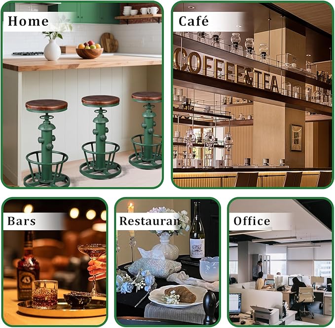 Topower Antique Industrial Round Bottom Adjustable Height Cafe Coffee Retro Vintage Stylish Water Pipe Design Pub Kitchen Bar Stool (Antique Green, Wooden Top)