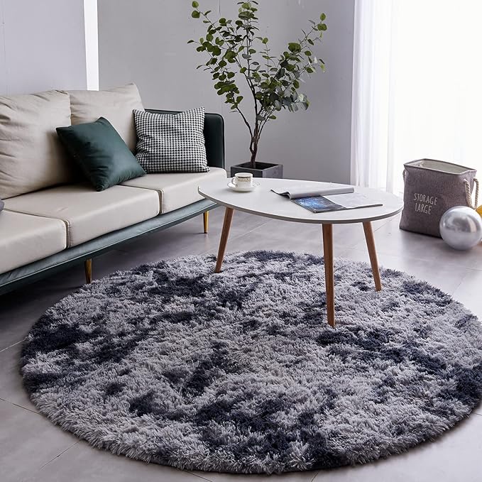 FJZFING Tie-Dyed Dark Grey Round Rug Ultra-Soft Plush Modern 6x6 Circle Area Rug for Kid's Bedroom, Fluffy Shag Circular Rug for Nursery Room, Non-Slip Tie-Dyed Dark Grey Rug for Teen's Room
