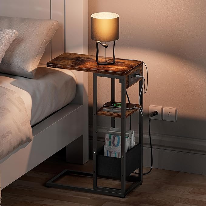 C Shaped End Table with Charging Station, Small Side Table for Couch Recliner, Slide Under Sofa Desk Snack Tables with Storage Bag & AC / USB Outlet, Small Spaces Drink Tables for Living Room, Bedroom