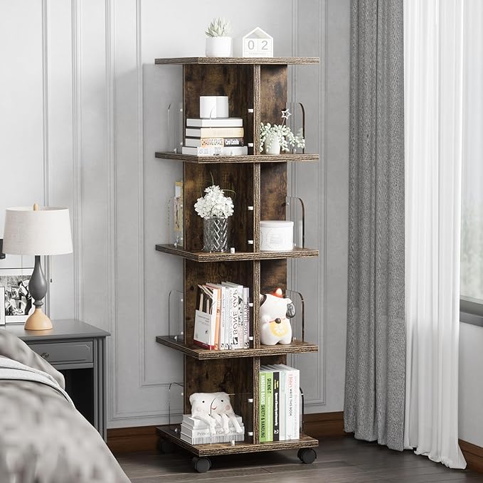 VECELO 4-Tier Rotating Bookshelf, Modern Swivel Bookcase for 360°Display,Stackable Square Book Shelves Floor-Standing Storage for Home Office, Solid Wood, Smooth Spinning, Brown