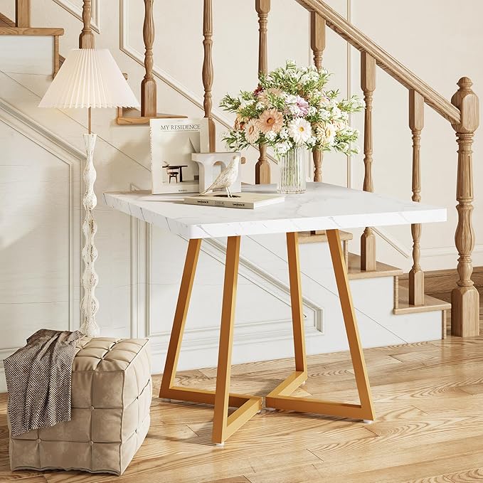 LITTLE TREE 31.5 Inches Small Dining Table for 4, Square Dinner Table for Small Space, Dining Room Tables, White Gold Wooden Kitchen Table with Metal Legs, Modern Leisure Cafe Table for Apartment