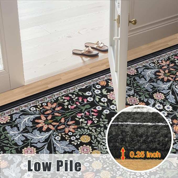 Area Rugs 9x12 Living Room: Floral Washable Rug Vintage Large Soft Boho Non-Slip Carpet Indoor Stain Resistant Low Pile Carpets for Bedroom Dining Room Farmhouse Nursery Hallway Home Office Dark Black