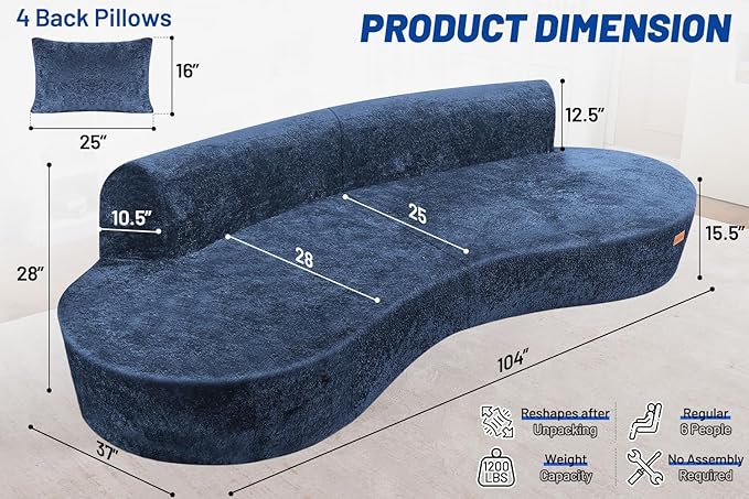 Homguava 104'' Modular Sectional Sofa,Curved Modern Sofa with Memory Foam,Deep Seat Cloud Couch with 4 Pillows,Upholstered Oversized Couches for Living Room Apartment Office,No Assembly Required, Blue