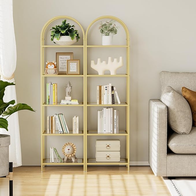 Homhedy Bookshelf Arched Display Racks,Metal Bookcase,Tempered Glass Shelves,Storage Rack Shelf for Home Office,Living Room,Bedroom, Bathroom,Modern Style (Golden, 11.8" D x 13.8" W x 57.1" H)