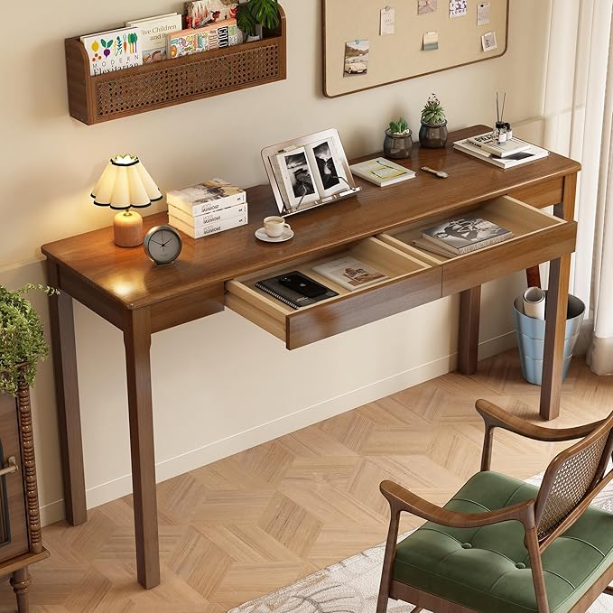 Solid Wood Desk with Drawers - 55 x 16 Inch Vintage Narrow Desks, Mid Century Modern Desks, Rubber Wood Study Table, Home Office Writing Desk for Bedroom|Small Spaces - Walnut Color