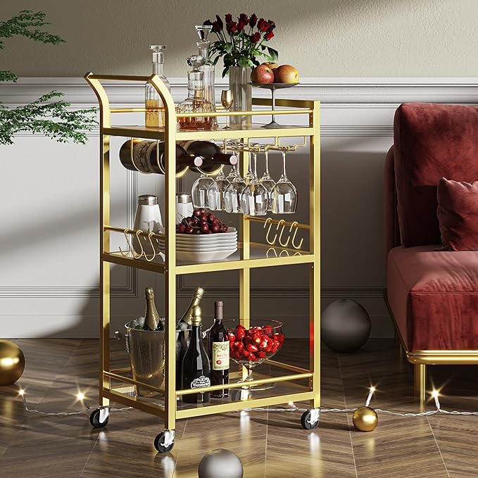 TUTOTAK Bar Cart, Home Bar Serving Cart with 3-Tier Mirrored Shelf, Wine Cart, Mobile Kitchen Shelf, Gold BC01BB034