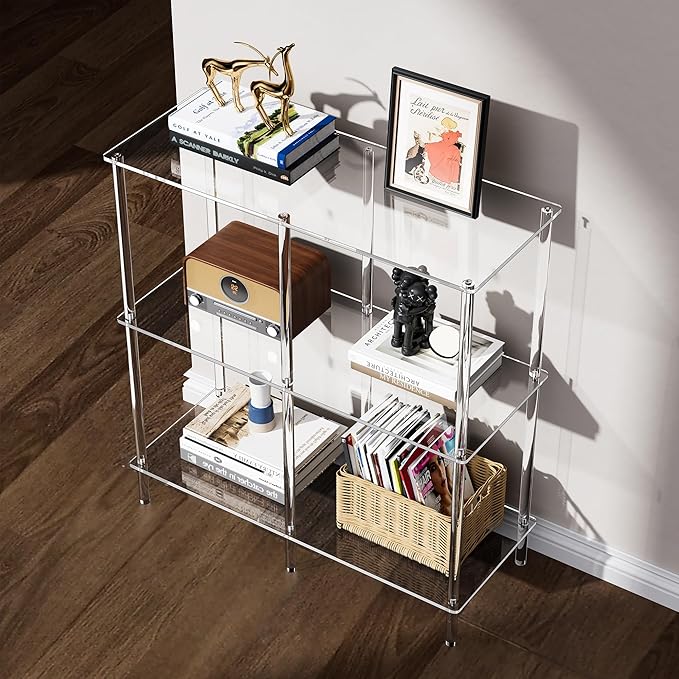 Acrylic Side Table Clear 3-Tier End Table for Living Room, Office, Hallway, Bedroom Small Bedside Table (8mm 31.7" high)