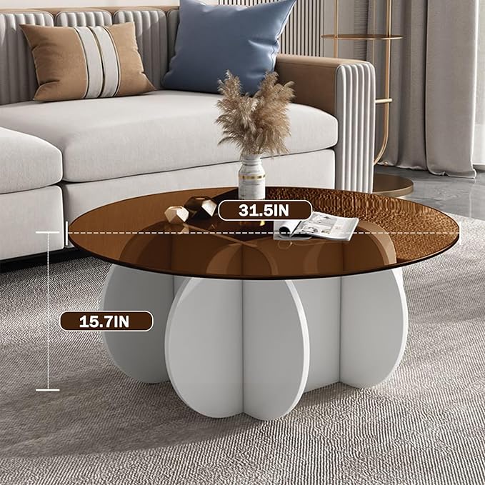 Round Coffee Table, Modern Glass Coffee Table for Living Room, Unique White Center Table with Tempered Glass Top & Solid Wood Legs, Circle Amber Accent Table for Small Spaces