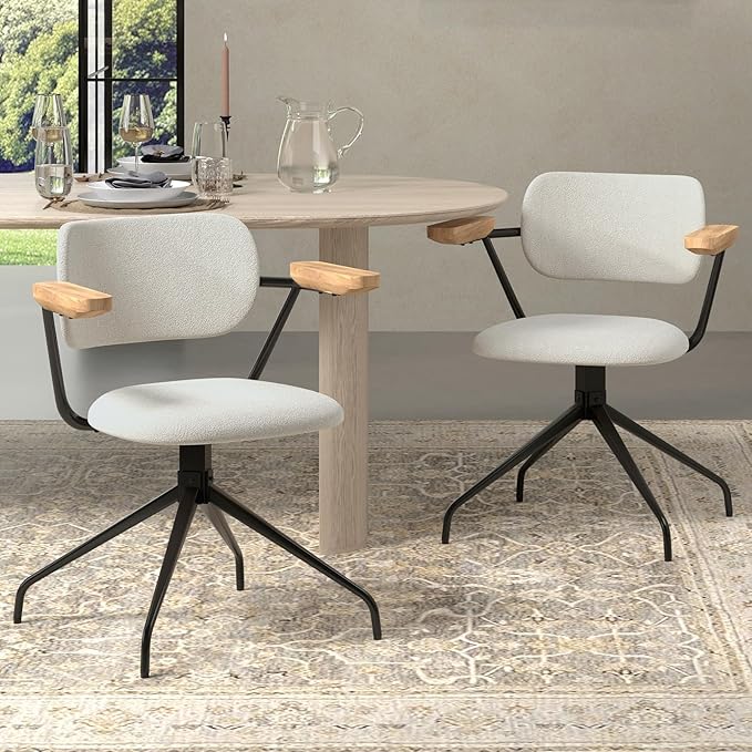 Modern Swivel Dining Chairs Set of 2 with Arms,Upholstered Comfortable Dining Room Chairs, Wooden Armrests & Sturdy Metal Frame, Stylish Kitchen & Dining Table Chairs for Modern Décor