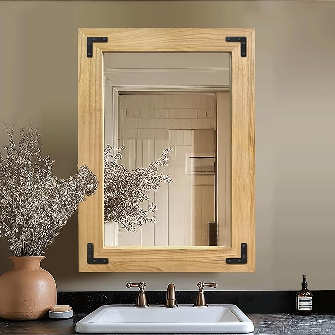 Bathroom Mirror for Wall with Wooden Frame, 20"x28" Solid Wood Vanity Mirror for Farmhouse, Bathroom, Bedroom, Vertical or Horizontal Hanging(Natural)