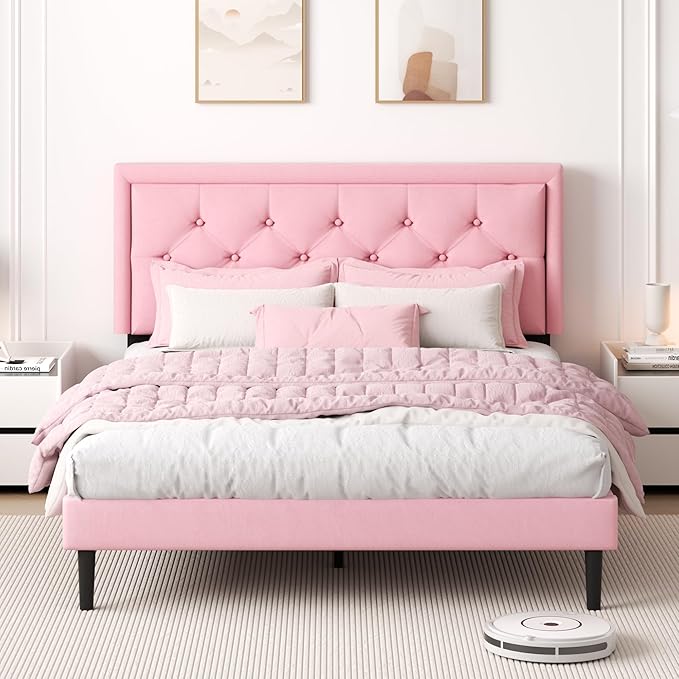 Queen Size Platform Bed Frame with Upholstered Velvet Button Tufted Headboard, Mattress Foundation with Wooden Slat Support, No Box Spring Needed, Easy Assembly, Noise Free, Pink
