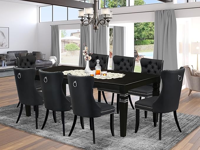 East West Furniture LGDA9-BLK-12 9 Piece Dining Table Set Consists of a Rectangle Kitchen Table with Butterfly Leaf and 8 Polyester Fabric Parson Chairs, 42x84 Inch, Black
