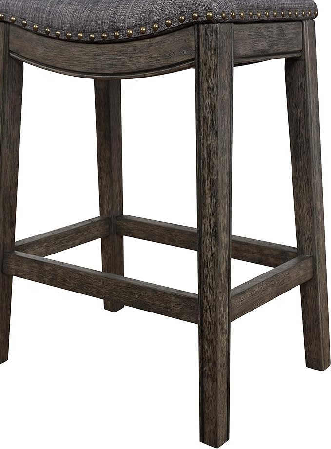 Roundhill Furniture Maroni Faric Upholstery Nailheaded Saddle Barstool, Set of 2, Gray