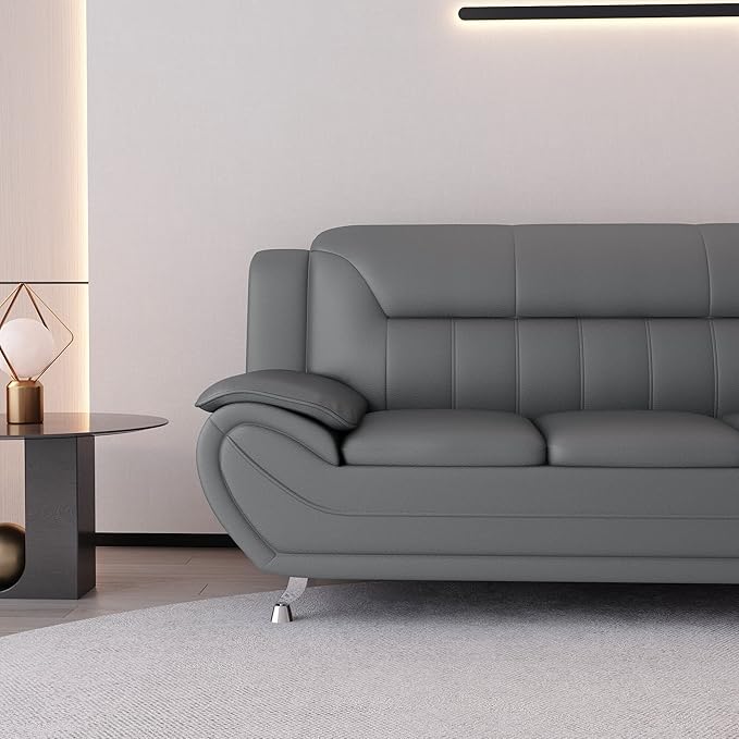 Container Furniture Direct Michael Modern Faux Leather Upholstered Stainless Steel Legs Living Room Sofa, Sleek Gray