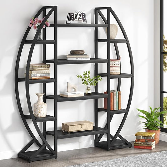 Tribesigns Oval Bookshelf, Triple Wide 5 Tiers Etagere Bookcases, Industrial Display Shelves for Living Room (55", Black)