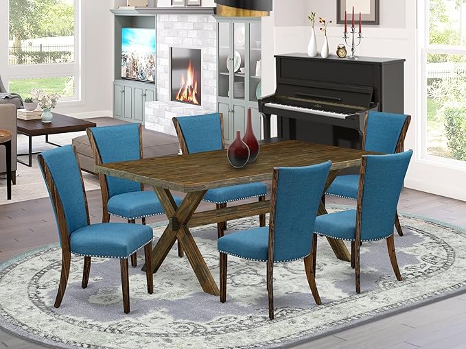 East West Furniture X777VE721-7 7 Piece Dining Room Furniture Set Consist of a Rectangle Dining Table with X-Legs and 6 Blue Color Linen Fabric Parsons Chairs, 40x72 Inch, Multi-Color