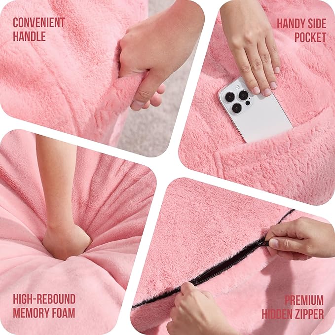 Hobestluk 4ft Bean Bag Chairs for Adults Large Beanbag Chair with Plush Faux Fur Cover Big Bean Bag Chair for Living Room Bedroom Dorm Office -Pink (44” x 44” x 24”)