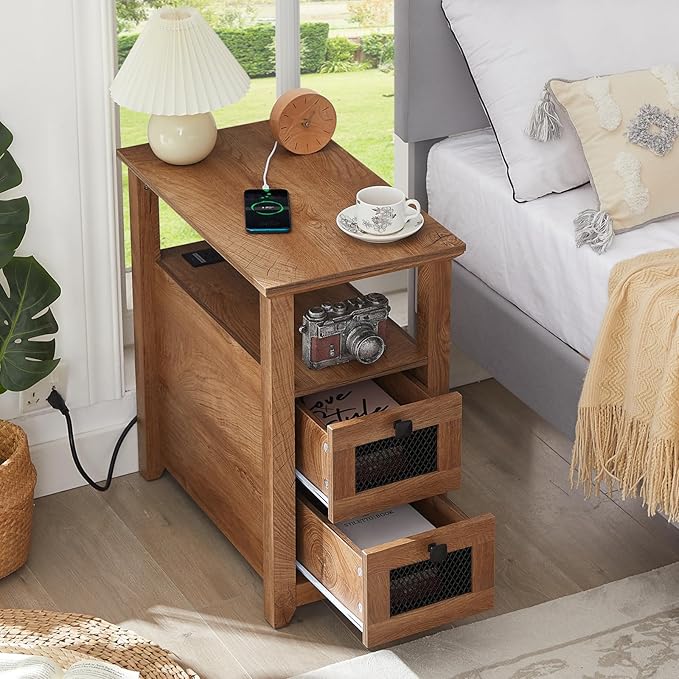 Farmhouse XXL End Table with Charging Station, Narrow Side Table with USB Ports and Outlets, Nightstand with 2 Drawers Storage, Bedside Tables for Living Room, Bedroom, Wooden Color