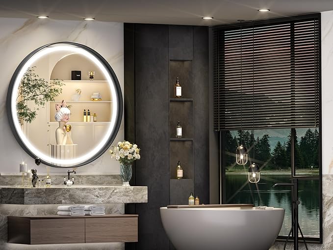 Hasipu 28 Inch Round LED Mirror for Bathroom with Lights, Black Circle Vanity Mirror for Wall, Metal Framed Frontlit Bathroom Mirrors Anti-Fog, Dimmable, 3 Colors Makeup Mirror Wall Mounted