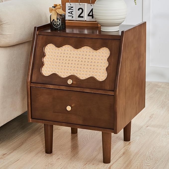 CozyDH Rattan Farmhouse Nightstand with Drawer, Solid Wood Nightstand, 21" Bedside Table for Bedroom Sofa Side, Wooden End Tables Living Room, Walnut