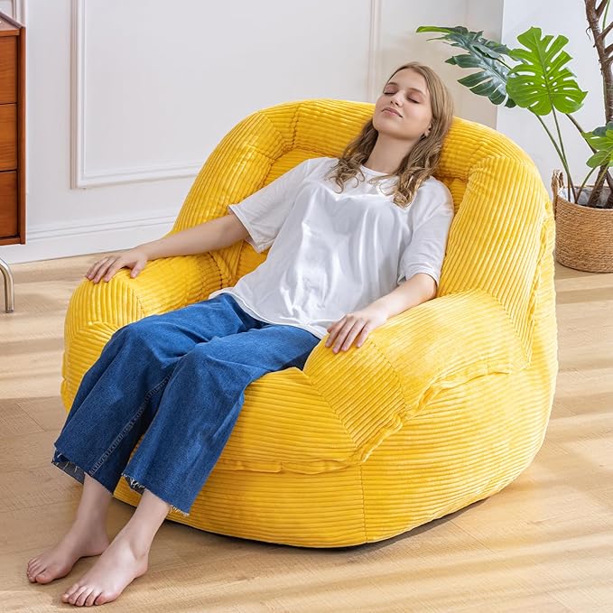 Giant Bean Bag Chair with Armrests - Oversized Cozy Seating for Adults, Corduroy Fabric & High - Density Foam Filling, Ideal Lounge for Living Room, Bedroom & Gaming Room (Corn Yellow)