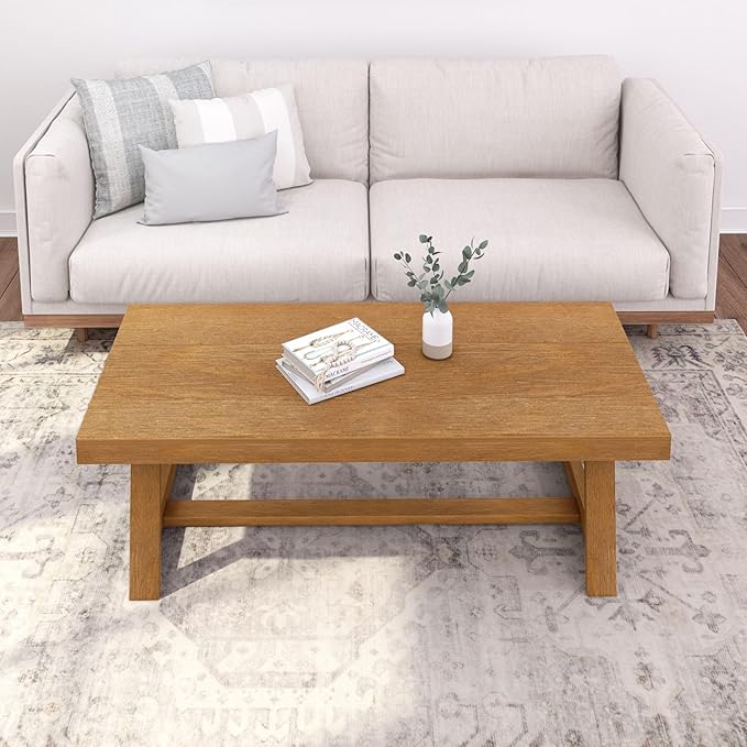 Plank+Beam Classic Rectangular Coffee Table, 54 Inch Farmhouse Coffee Table, Center Table, Small Living Space Tea Table, Pecan Wirebrush