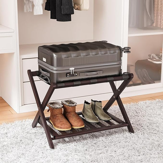 Fully Assembled Bamboo Luggage Rack, Folding Suitcase Stand with 5 Nylon Straps, Luggage Holders with Shelf, Ideal for Guest Room, Bedroom, Hotel, Espresso