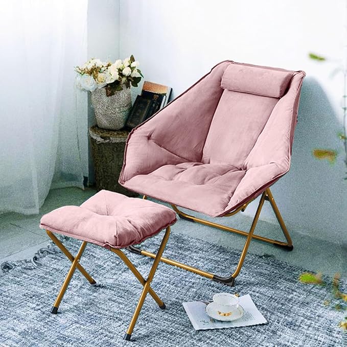 Hexagon Foldable Living Room Chair, Saucer Chair for Adults, Comfy Bedroom Lounge Chair, Moon Chair, Lazy Folding Chair for Dorm Rooms(Ottoman-Pink)