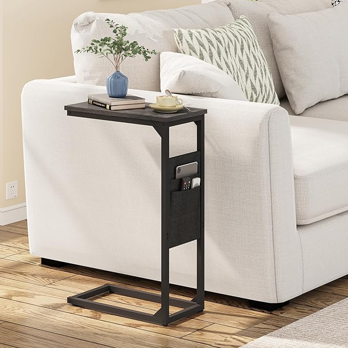 TUTOTAK C Shaped End Table, Side Table for Couch, Sofa Table with Storage Bag, TV Tray for Living Room, Bedroom, Black TB01BK082