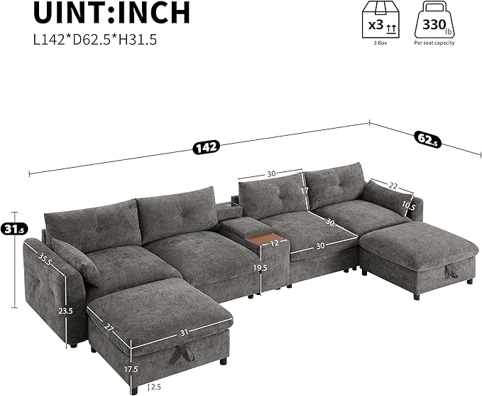 Merax 142'' Modular Sectional Sofa Set with Movable Storage Ottoman and Console, Cup Holder, Wide Seat, 6 Seat U Shaped Couch, Oversized Chenille Sofa with USB Charger for Living Room, Apartment, Gray