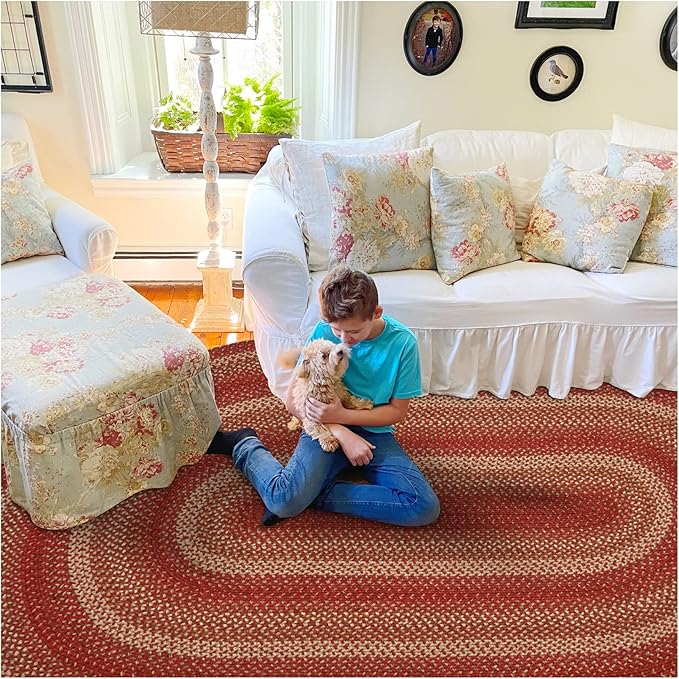 Homespice Apple Pie Jute Red 6x9' Oval Braided Rugs for Living Room, Bedroom Rug and Dining Room. Pet Friendly. Decor Styles- Farmhouse Rug, Rustic, Vintage, Cottage, Primitive, Country, Boho Rug