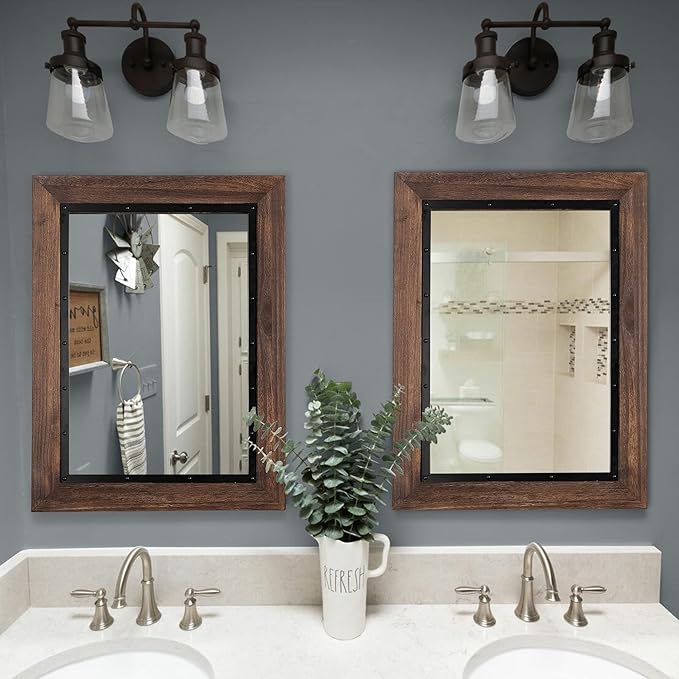 YOSHOOT Rustic Wooden Framed Wall Mirror, 40"x30", Natural Wood and Iron Bathroom Vanity Mirror for Farmhouse Decor, Vertical or Horizontal Hanging