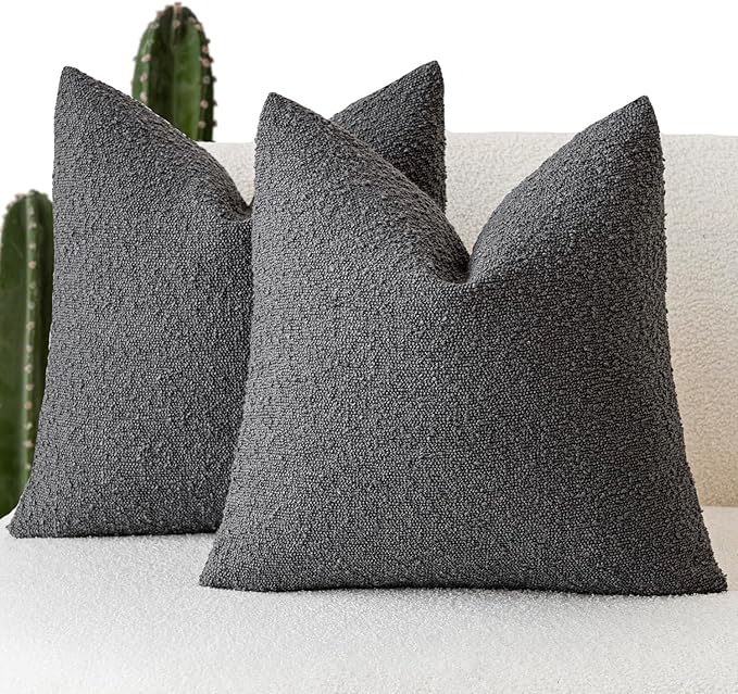 Foindtower Pack of 2 Textured Boucle Throw Pillow Covers Accent Solid Decorative Pillow Cases Cozy Woven Couch Cushion Case for Sofa Bedroom Living Room Home Decor, 20 x 20 Inch,Dark Grey