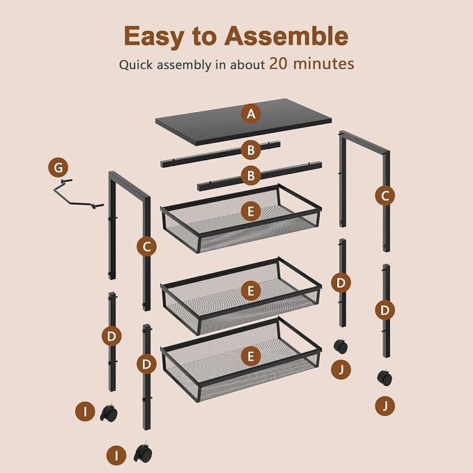 Hoctieon Rolling Storage Cart, 4-Tier Wide Panel Rolling Kitchen Storage Cart, Utility Cart with Handle & Wheels, Mobile Shelving Unit, Metal Frame Narrow Cart for Home Kitchen, Laundry, Black
