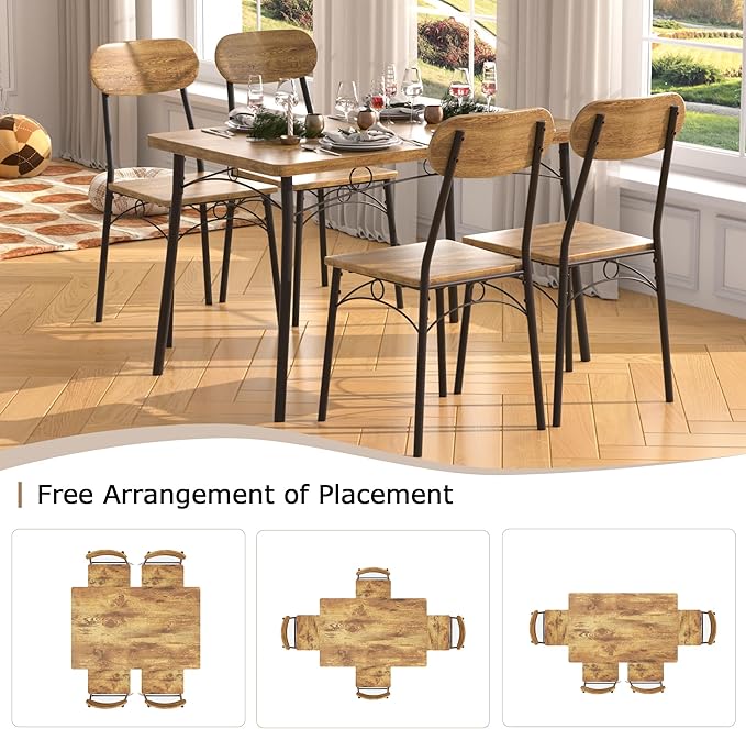 VECELO Kitchen Table Chairs Set for 4, 5 Piece Wood Dining Room Table with 4 Chairs, Perfect for Small Spaces, Compact Kitchen, Breakfast Nook, Brown